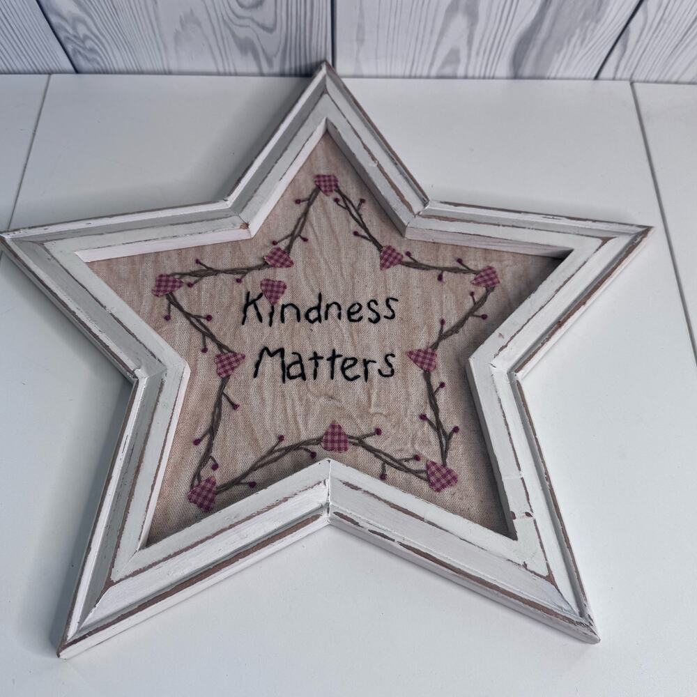 Primitive Rustic Distress White Star "Kindness Matters” Embroidered 15” Cottage